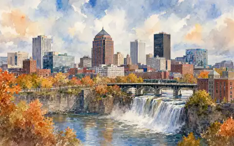 Paychex Inc. US7043261079 dargestellt als Aquarellgemälde der Skyline von Rochester New York mit Wasserfall - Foto: THN