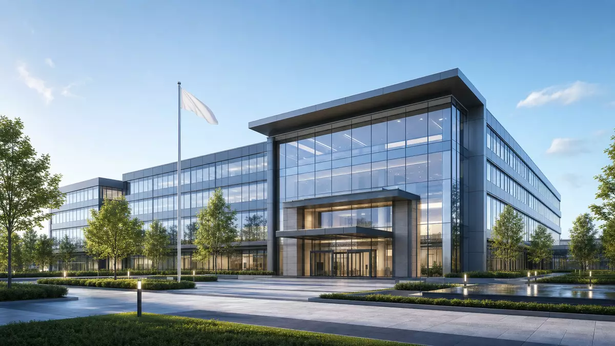 Architektonisches Rendering eines modernen Glas-Bürogebäudes mit gepflegtem Vorplatz und Bäumen