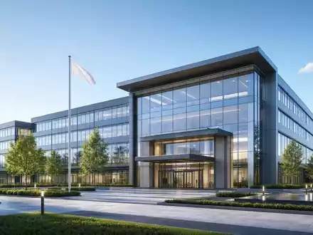 Paychex Inc. US7043261079 illustriert durch Architektur-Rendering eines modernen Bürogebäudes mit Glasfassade und Vorplatz - Foto: THN