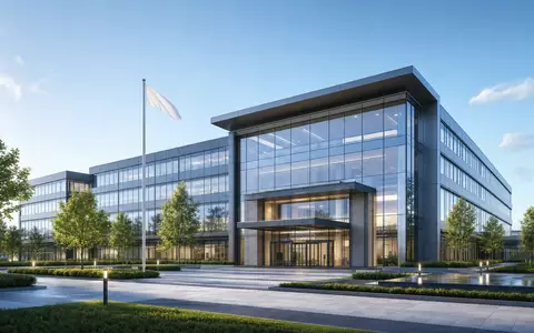 Paychex Inc. US7043261079 illustriert durch Architektur-Rendering eines modernen Bürogebäudes mit Glasfassade und Vorplatz - Foto: THN