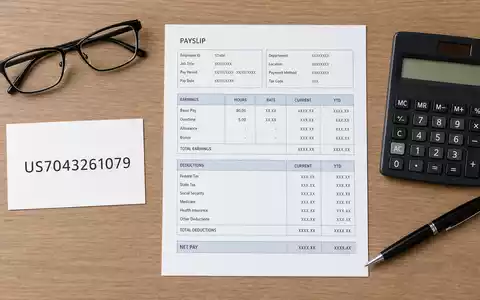 Paychex Inc. US7043261079 als Flatlay mit ISIN-Karte, generischer Gehaltsabrechnung, Taschenrechner und Kugelschreiber - Foto: THN