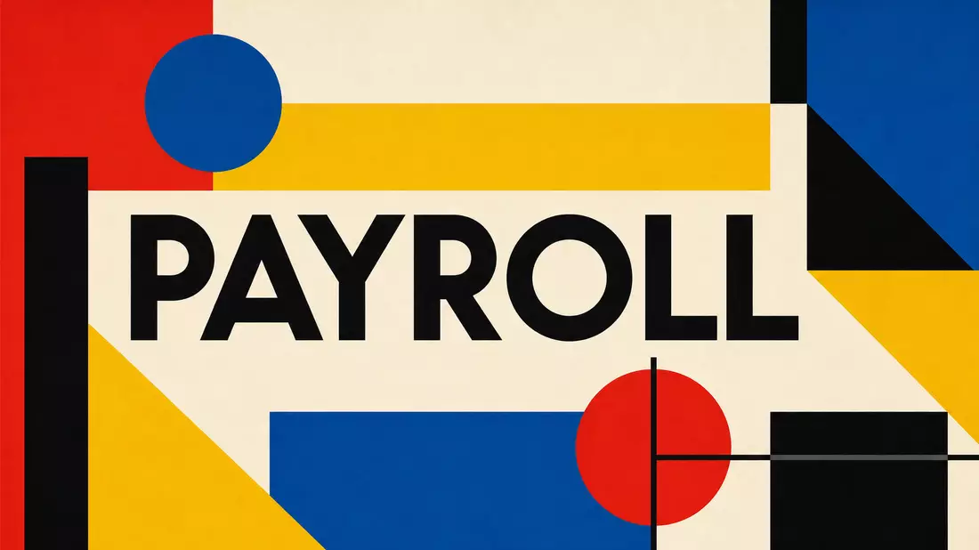 Bauhaus-Grafikposter mit geometrischen Formen in Primärfarben und großer Typografie PAYROLL