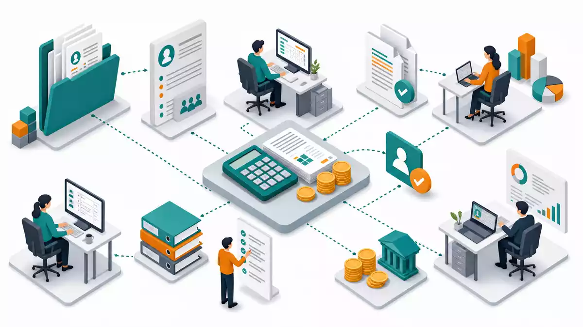 Isometrische 3D-Illustration eines Payroll- und HR-Prozessdiagramms mit Figuren, Dokumenten und Diagrammen