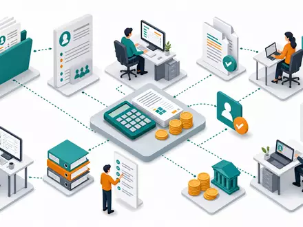 Paychex Inc. US7043261079 dargestellt als isometrisches 3D-Diagramm eines kompletten Payroll- und HR-Prozessablaufs mit Figuren - Foto: THN