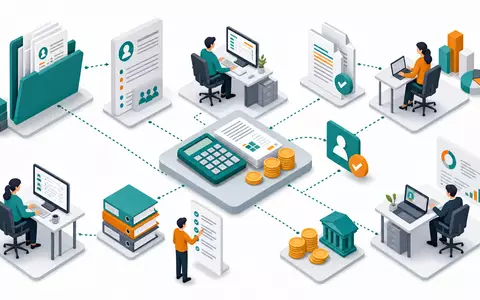 Paychex Inc. US7043261079 dargestellt als isometrisches 3D-Diagramm eines kompletten Payroll- und HR-Prozessablaufs mit Figuren - Foto: THN