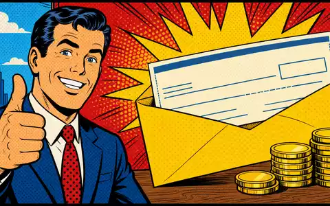 Paychex Inc. US7043261079 im Pop-Art-Comic-Stil mit fröhlichem Büroangestellten und stilisiertem Gehaltsscheck-Umschlag voller Münzen - Foto: THN