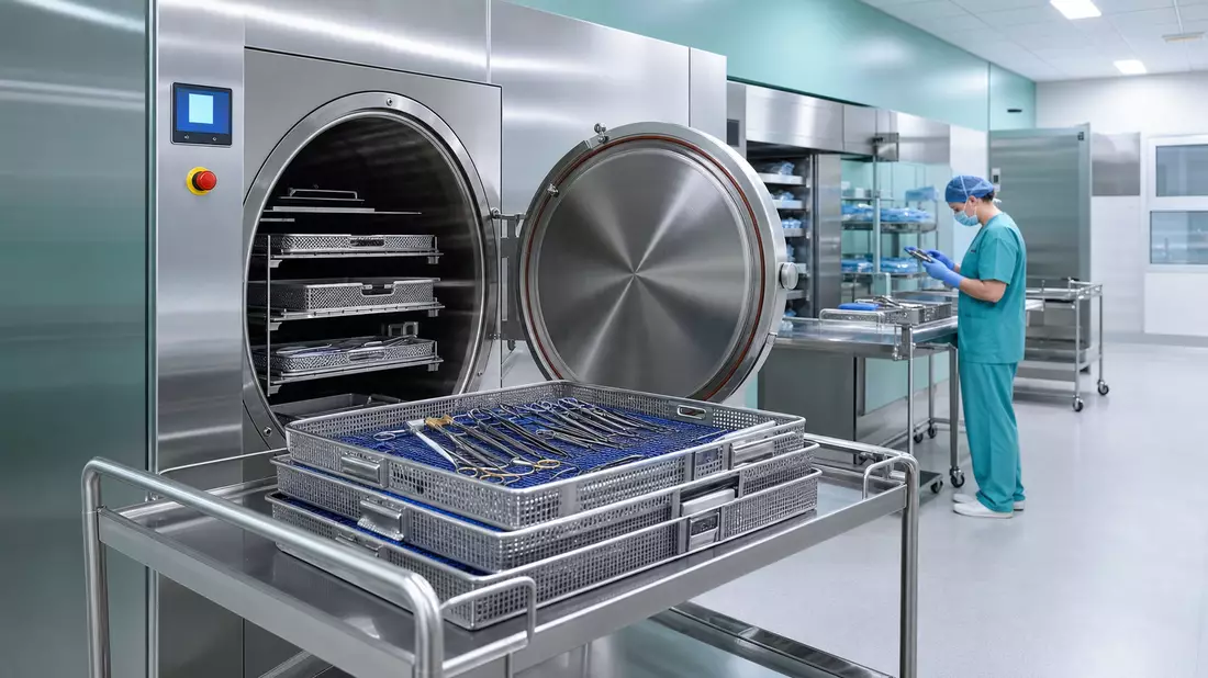 Fotorealistische Sterilisationsabteilung mit Autoklav und Instrumententabletts im Krankenhaus