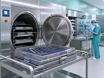 Steris plc IE00BFY8C754 zeigt fotorealistisch eine moderne Krankenhaus-Sterilisationsabteilung mit Edelstahl-Autoklaven und Instrumentenwagen - Foto: THN