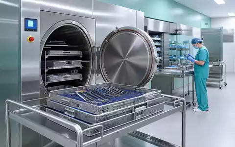 Steris plc IE00BFY8C754 zeigt fotorealistisch eine moderne Krankenhaus-Sterilisationsabteilung mit Edelstahl-Autoklaven und Instrumentenwagen - Foto: THN