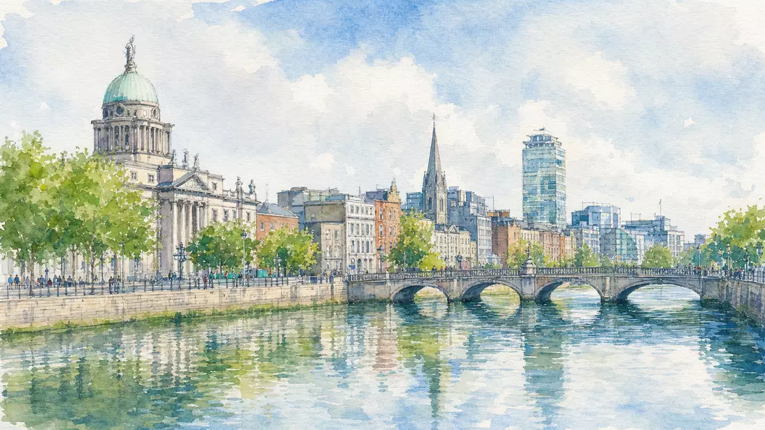 Aquarellmalerei der Dublin-Skyline am Fluss Liffey mit Brücke und historischen Gebäuden
