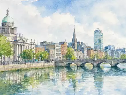 Steris plc IE00BFY8C754 wird durch ein Aquarellbild der Dubliner Skyline entlang des Flusses Liffey symbolisiert - Foto: THN