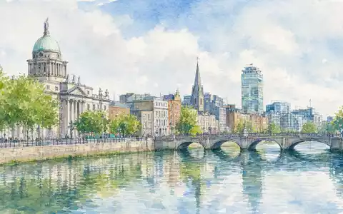 Steris plc IE00BFY8C754 wird durch ein Aquarellbild der Dubliner Skyline entlang des Flusses Liffey symbolisiert - Foto: THN