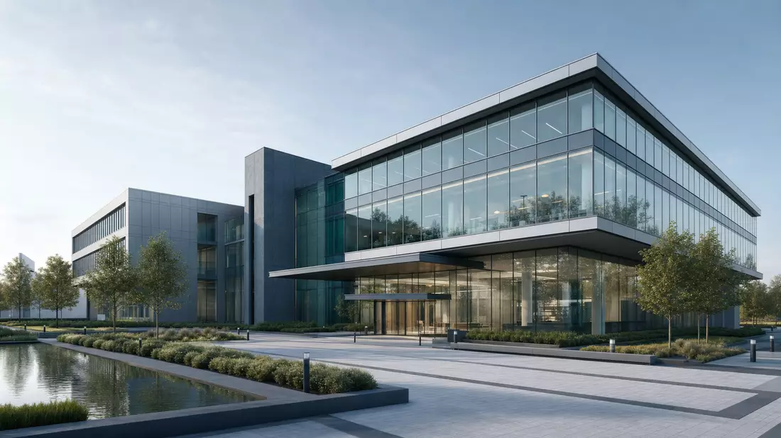 Architektur-Rendering eines modernen Glas- und Stahl-Firmensitzes mit gepflegter Außenanlage