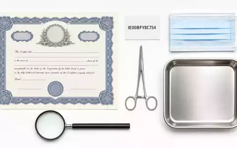 Steris plc IE00BFY8C754 präsentiert als Flatlay ein Aktienzertifikat, eine ISIN-Karte und sterile Instrumente - Foto: THN