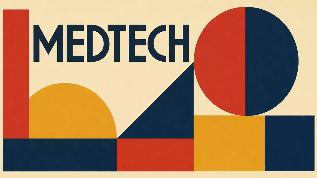 Bauhaus-Poster mit geometrischen Formen und dem Schriftzug MEDTECH in kräftigen Farben