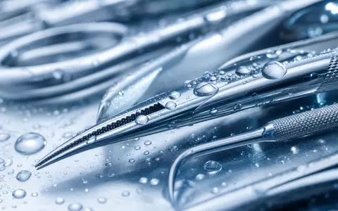 Steris plc IE00BFY8C754 zeigt in einer Makroaufnahme glänzende chirurgische Edelstahlinstrumente mit feinen Wassertropfen - Foto: THN