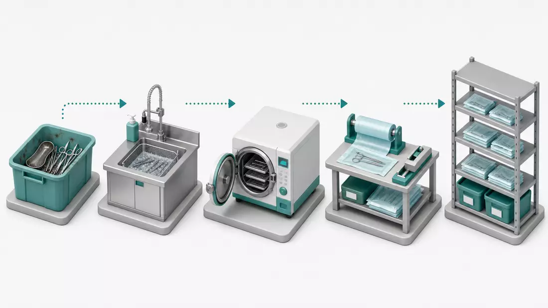 Isometrische 3D-Grafik der Sterilisationsprozesskette von Reinigung über Autoklav bis Lagerung