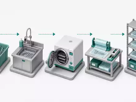 Steris plc IE00BFY8C754 visualisiert isometrisch die Prozesskette der Instrumentenaufbereitung von Reinigung bis Lagerung - Foto: THN
