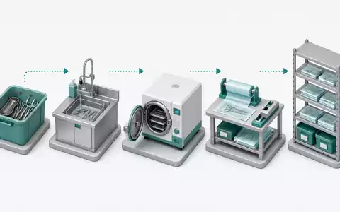 Steris plc IE00BFY8C754 visualisiert isometrisch die Prozesskette der Instrumentenaufbereitung von Reinigung bis Lagerung - Foto: THN