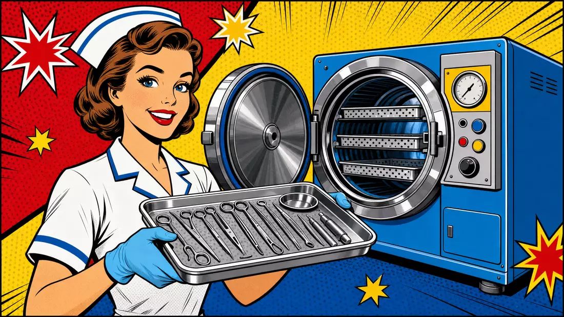 Pop-Art-Comic mit lächelnder Krankenschwester, Instrumententablett und großem Sterilisationsgerät