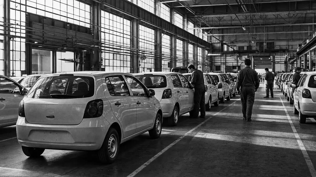 Schwarzweiß-Reportagefoto einer Fabrikhalle mit unmarkierten Kleinwagen, Stellantis N.V