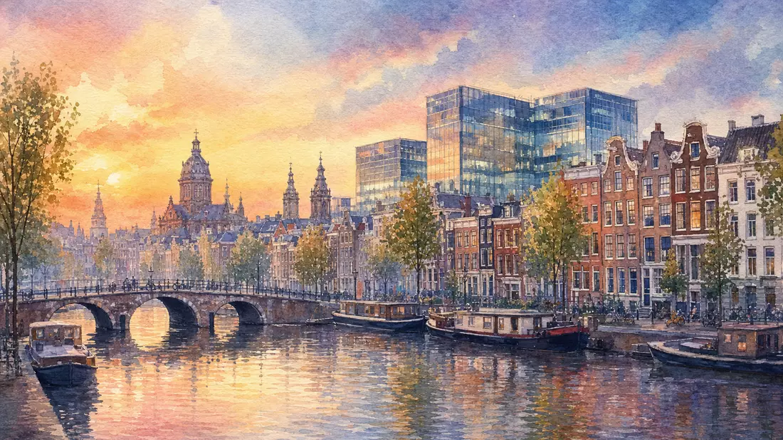 Aquarellmalerei von Amsterdam mit Kanal, Altstadt und moderner Bürozentrale, Stellantis N.V