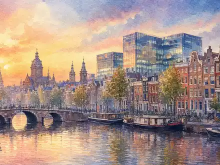 Stellantis N.V. (NL00150001Q9) präsentiert Amsterdam als Aquarell mit Kanal, Altstadt und moderner Konzernzentrale im Hintergrund - Foto: THN