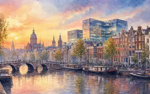 Stellantis N.V. (NL00150001Q9) präsentiert Amsterdam als Aquarell mit Kanal, Altstadt und moderner Konzernzentrale im Hintergrund - Foto: THN
