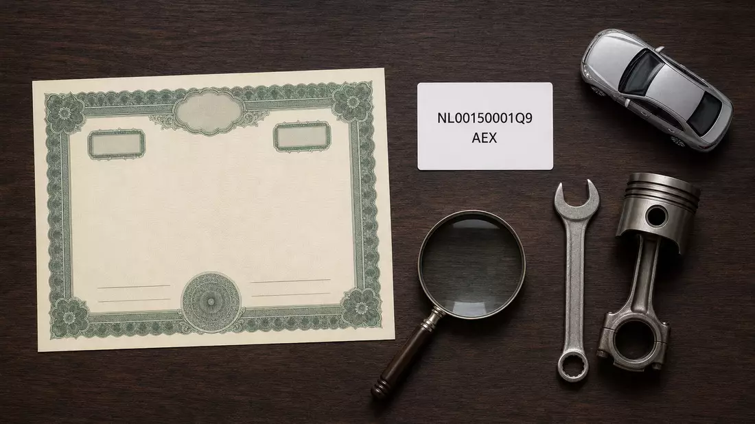 Flatlay mit Aktienzertifikat, ISIN-Karte NL00150001Q9, Modellauto und Werkzeug, Stellantis N.V