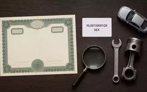 Stellantis N.V. (NL00150001Q9) inszeniert ein Flatlay mit Aktienzertifikat, ISIN-Karte, Modellauto und Motorbauteilen auf Holztisch - Foto: THN