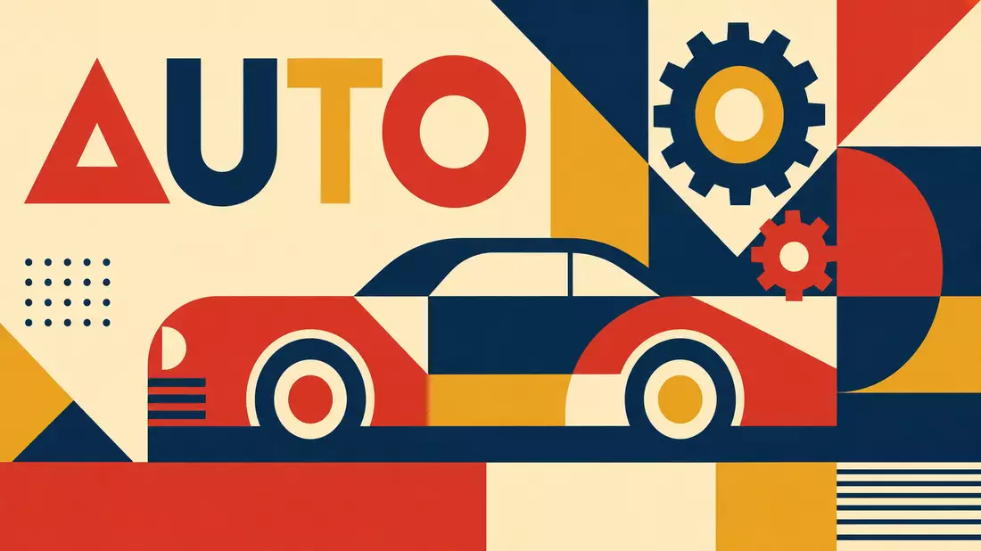 Bauhaus-Poster mit geometrischem Auto-Motiv und Schriftzug AUTO, Stellantis N.V