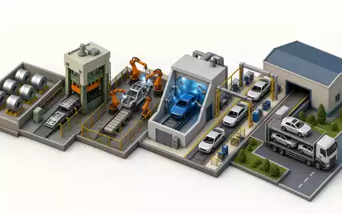 Stellantis N.V. (NL00150001Q9) veranschaulicht isometrisch die Wertschöpfungskette der Fahrzeugproduktion von Stahl bis Auslieferung - Foto: THN