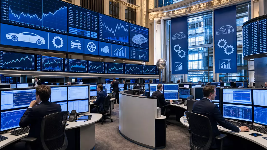 Editorialfoto des Euronext-Amsterdam-Handelssaals mit Automobil-Sektor-Charts, Stellantis N.V