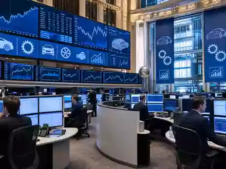 Stellantis N.V. (NL00150001Q9) zeigt editorial den Handelssaal der Euronext Amsterdam mit sektortypischen Charts und Icons - Foto: THN