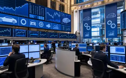 Stellantis N.V. (NL00150001Q9) zeigt editorial den Handelssaal der Euronext Amsterdam mit sektortypischen Charts und Icons - Foto: THN