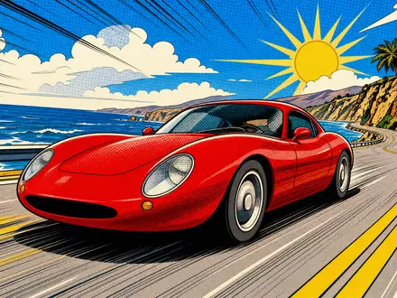 Stellantis N.V. (NL00150001Q9) erscheint als Pop-Art-Comic mit einem generischen unmarkierten Sportwagen auf Küstenstraße - Foto: THN