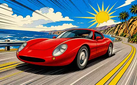 Stellantis N.V. (NL00150001Q9) erscheint als Pop-Art-Comic mit einem generischen unmarkierten Sportwagen auf KĂŒstenstraĂe - Foto: THN