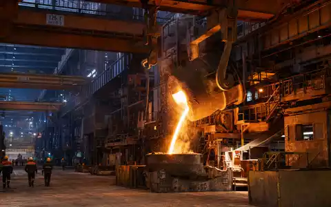 Fotorealistische Stahlwerk-Szene symbolisiert Steel Dynamics Inc. mit ISIN US8581191009 in der Stahlbranche - Foto: THN