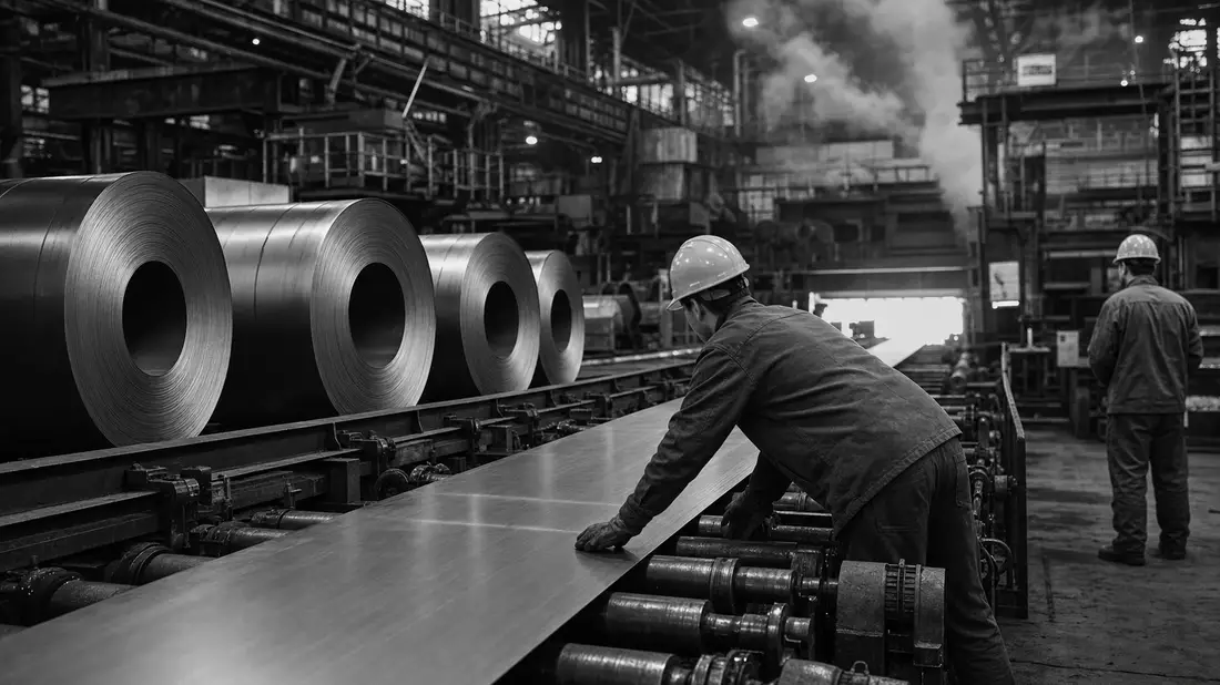 Dokumentarische Schwarzweißaufnahme einer Stahlwalzanlage für Steel Dynamics Inc., US8581191009