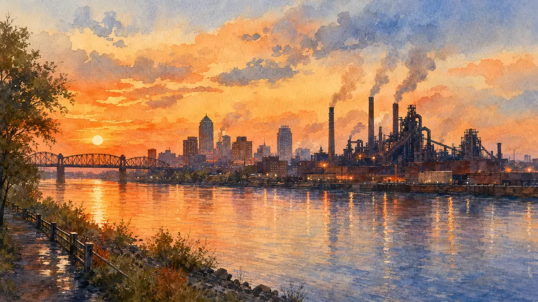 Aquarellmalerei einer Industriestadt-Skyline für Steel Dynamics Inc., ISIN US8581191009