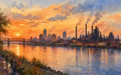 Aquarellbild einer Industriestadt am Fluss illustriert Steel Dynamics Inc., ISIN US8581191009, aus dem Stahlsektor - Foto: THN