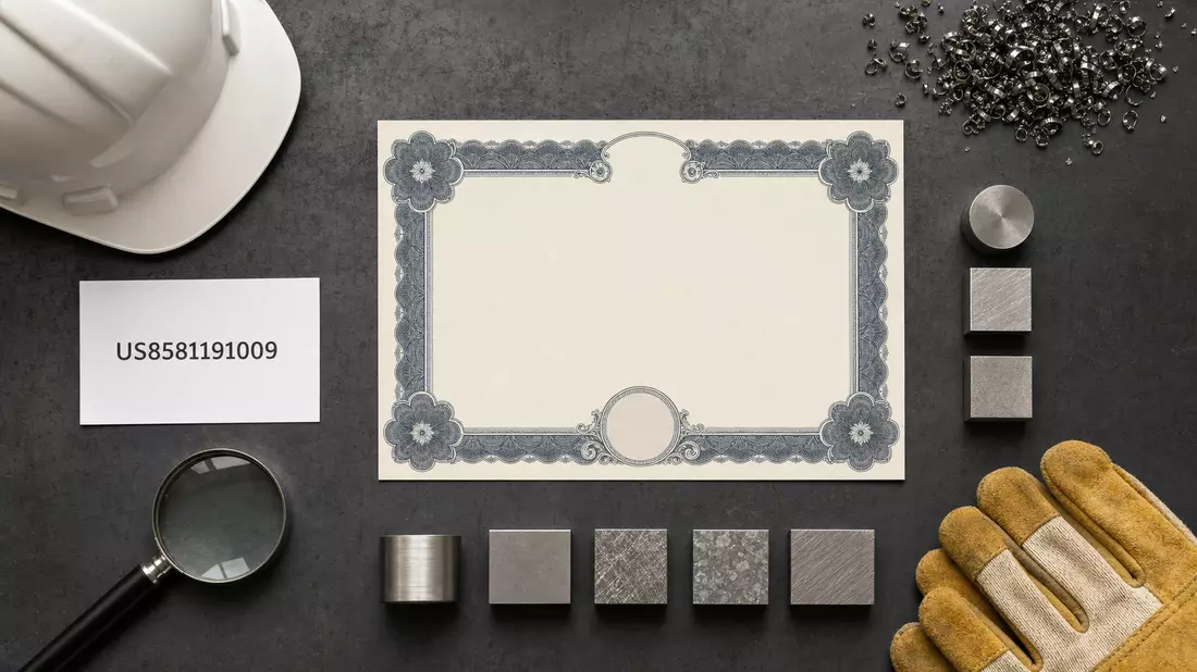 Flatlay-Arrangement mit Zertifikat und Stahlproben für Steel Dynamics Inc., ISIN US8581191009