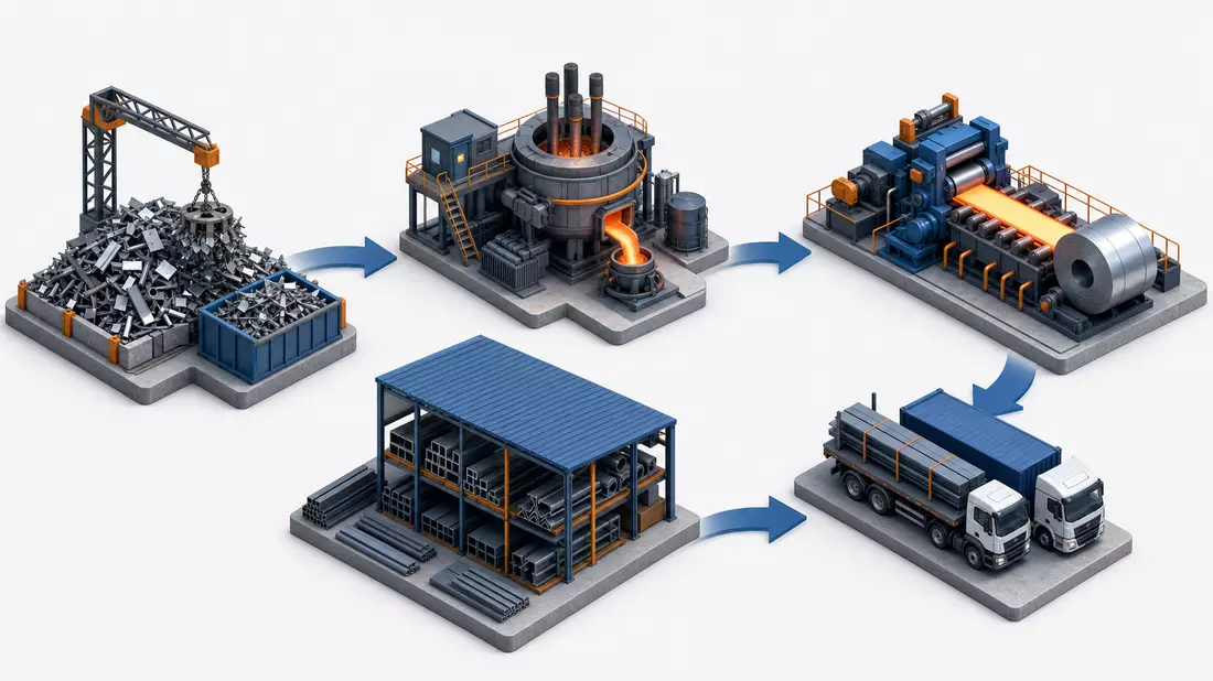 Isometrische 3D-Grafik der Stahl-Wertschöpfungskette für Steel Dynamics Inc., US8581191009