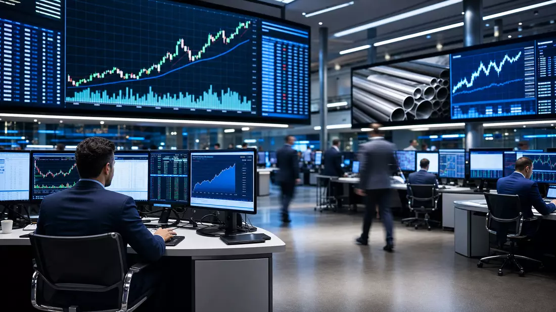 Trading-Floor mit Aktien- und Stahlcharts für Steel Dynamics Inc., ISIN US8581191009