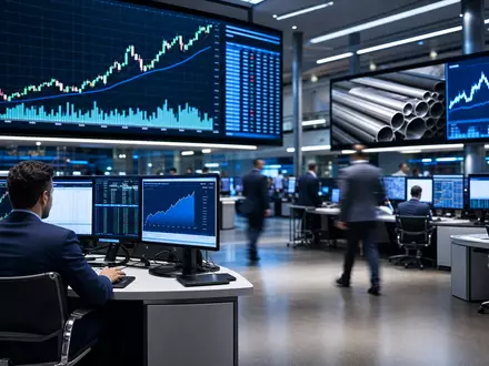 Börsen-Editorial mit Handelsraum und Stahl-Charts illustriert Steel Dynamics Inc., ISIN US8581191009, NASDAQ - Foto: THN
