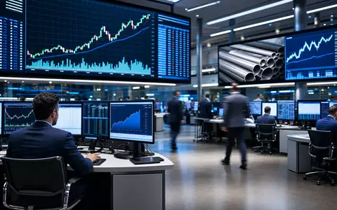 Börsen-Editorial mit Handelsraum und Stahl-Charts illustriert Steel Dynamics Inc., ISIN US8581191009, NASDAQ - Foto: THN