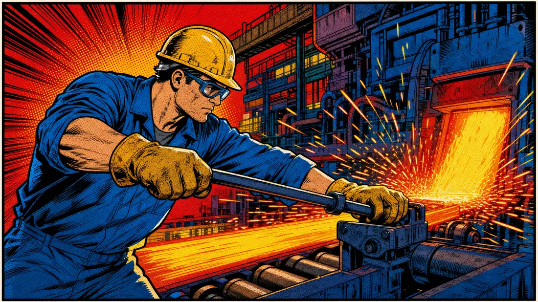 Bunte Comic-Illustration eines Stahlarbeiters für Steel Dynamics Inc., ISIN US8581191009