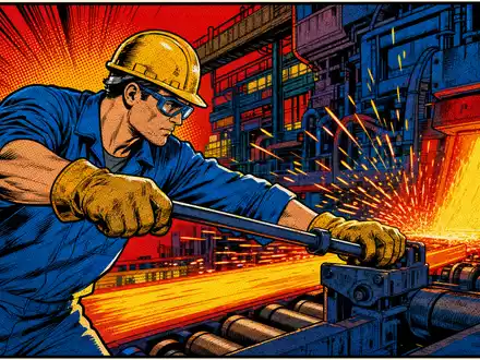 Pop-Art-Comic mit Stahlarbeiter symbolisiert dynamisch Steel Dynamics Inc., ISIN US8581191009, Branche Stahl - Foto: THN
