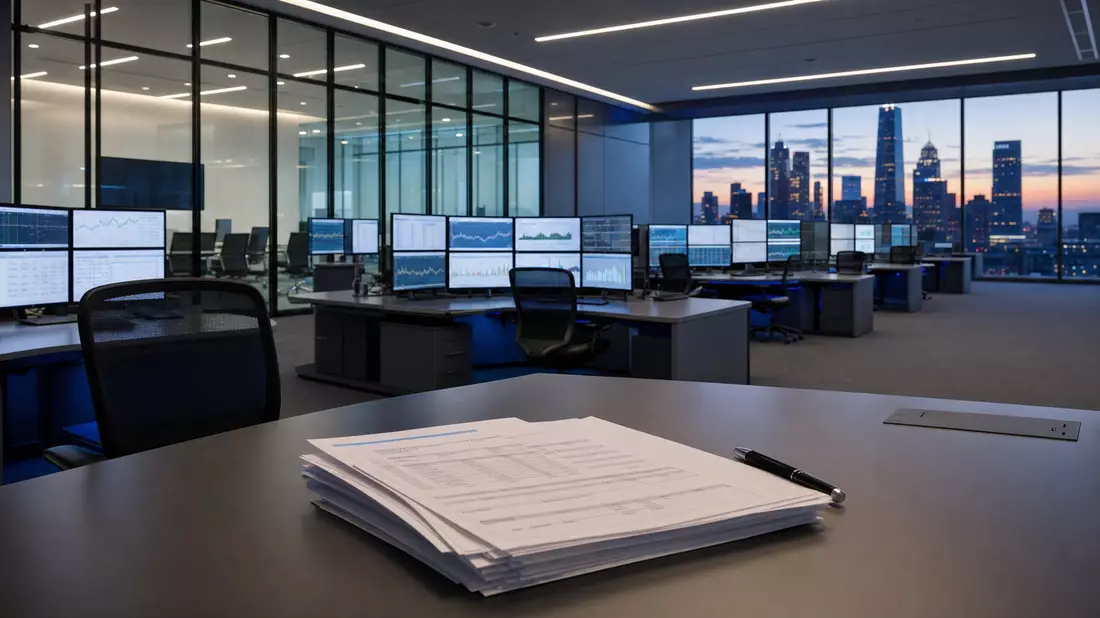 Modernes Bankbüro mit Bildschirmen und Skyline bei Dämmerung