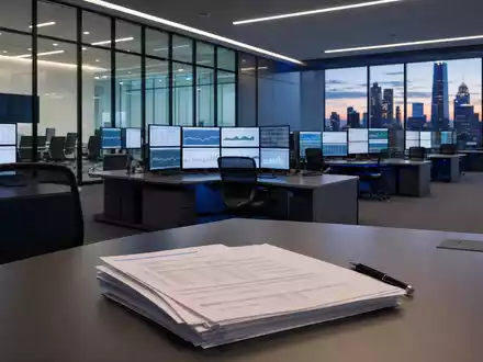 State Street Corp. (US8574771031) zeigt modernes Trading-Büro mit Monitoren, Skyline und Dokumenten im Hintergrund - Foto: THN